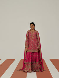 Pink crepe sharara suit set for women with elegant ethnic styling, perfect for wedding wear, sangeet, mehndi and festive occasions.