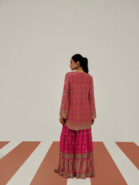 Pink ethnic sharara suit set for women, perfect for reception events, pre-wedding functions, festive wear, family celebrations and special occasions.