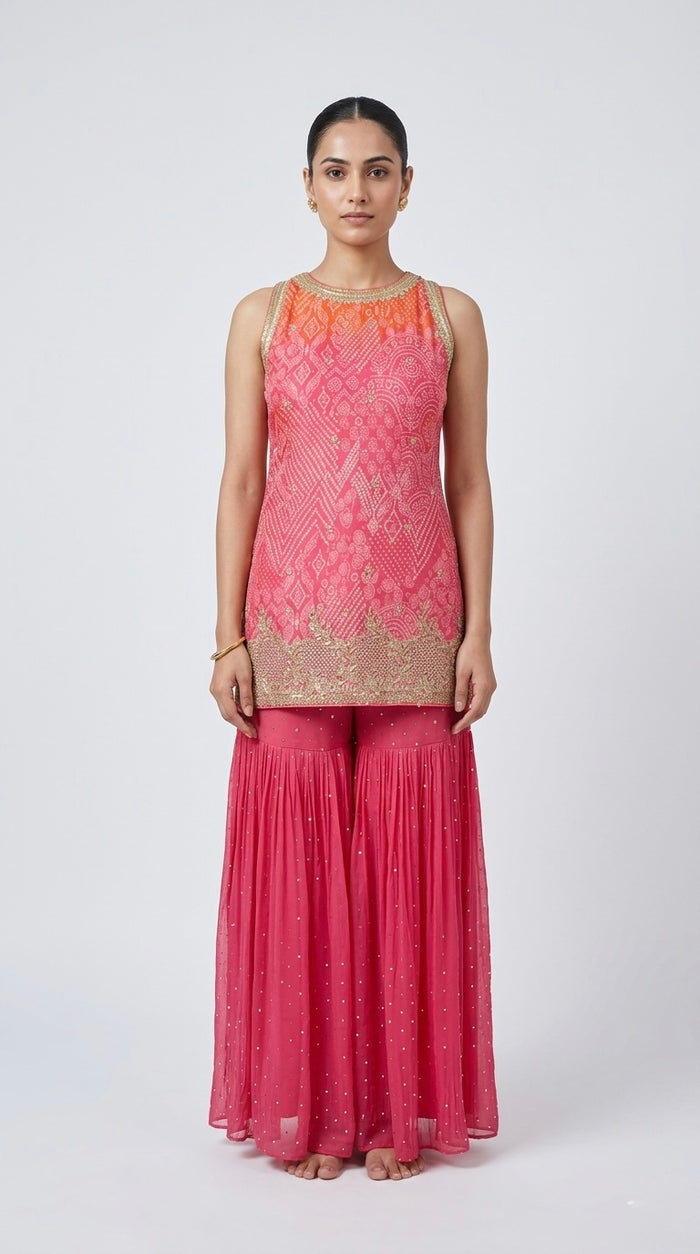 RANI EMBROIDERED BANDHANI PRINT CHIFFON SHARARA SET