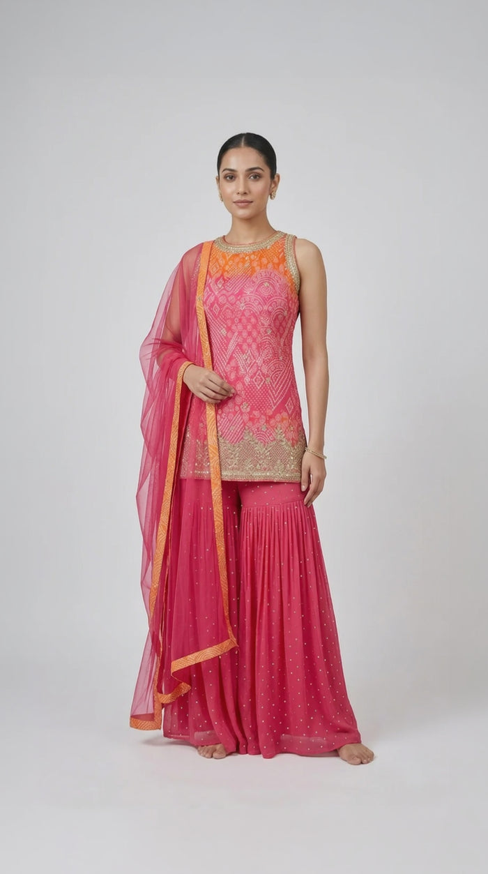 RANI EMBROIDERED BANDHANI PRINT CHIFFON SHARARA SET