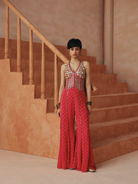 Rani mirror embroidered halter neck corset sharara set for women