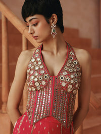 Rani pink mirror work halter neck corset sharara set for wedding and festive wear