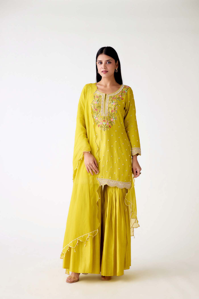 YELLOW COTTON SILK EMBROIDERED SHARARA SET