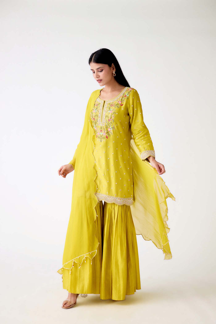 YELLOW COTTON SILK EMBROIDERED SHARARA SET