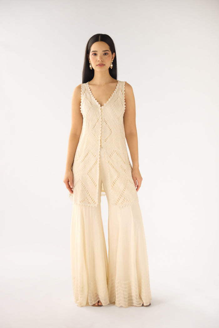 IVORY CHIFFON EMBROIDERED SHARARA SET