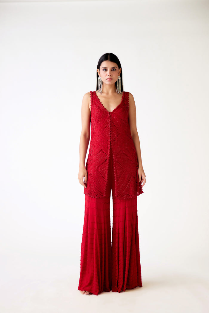 RED CHIFFON EMBROIDERED SHARARA SET