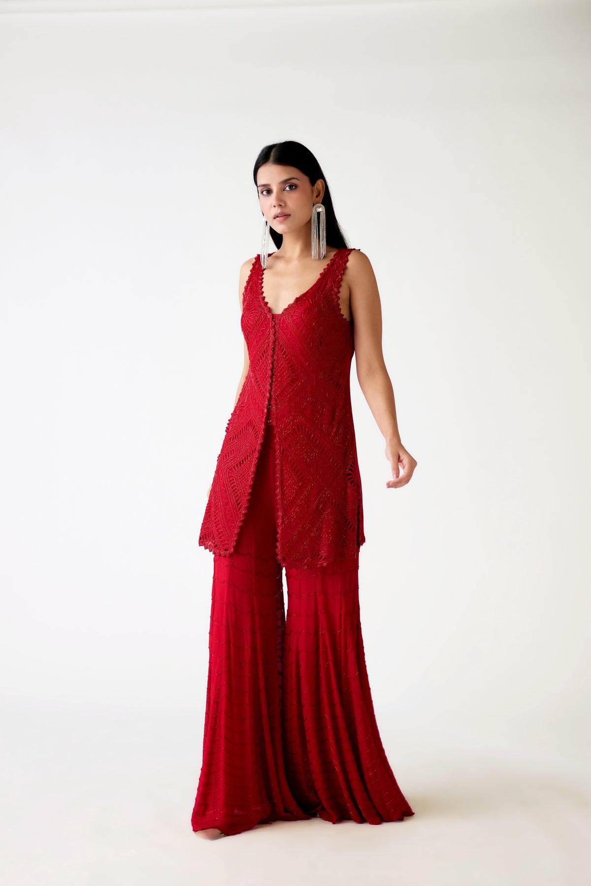 RED CHIFFON EMBROIDERED SHARARA SET