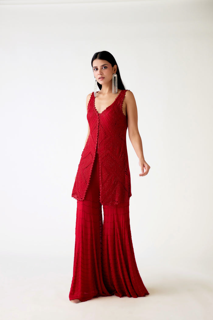RED CHIFFON EMBROIDERED SHARARA SET