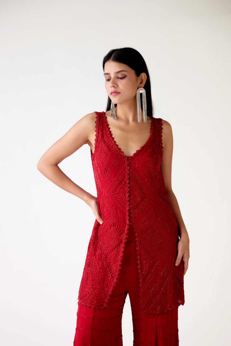 RED CHIFFON EMBROIDERED SHARARA SET