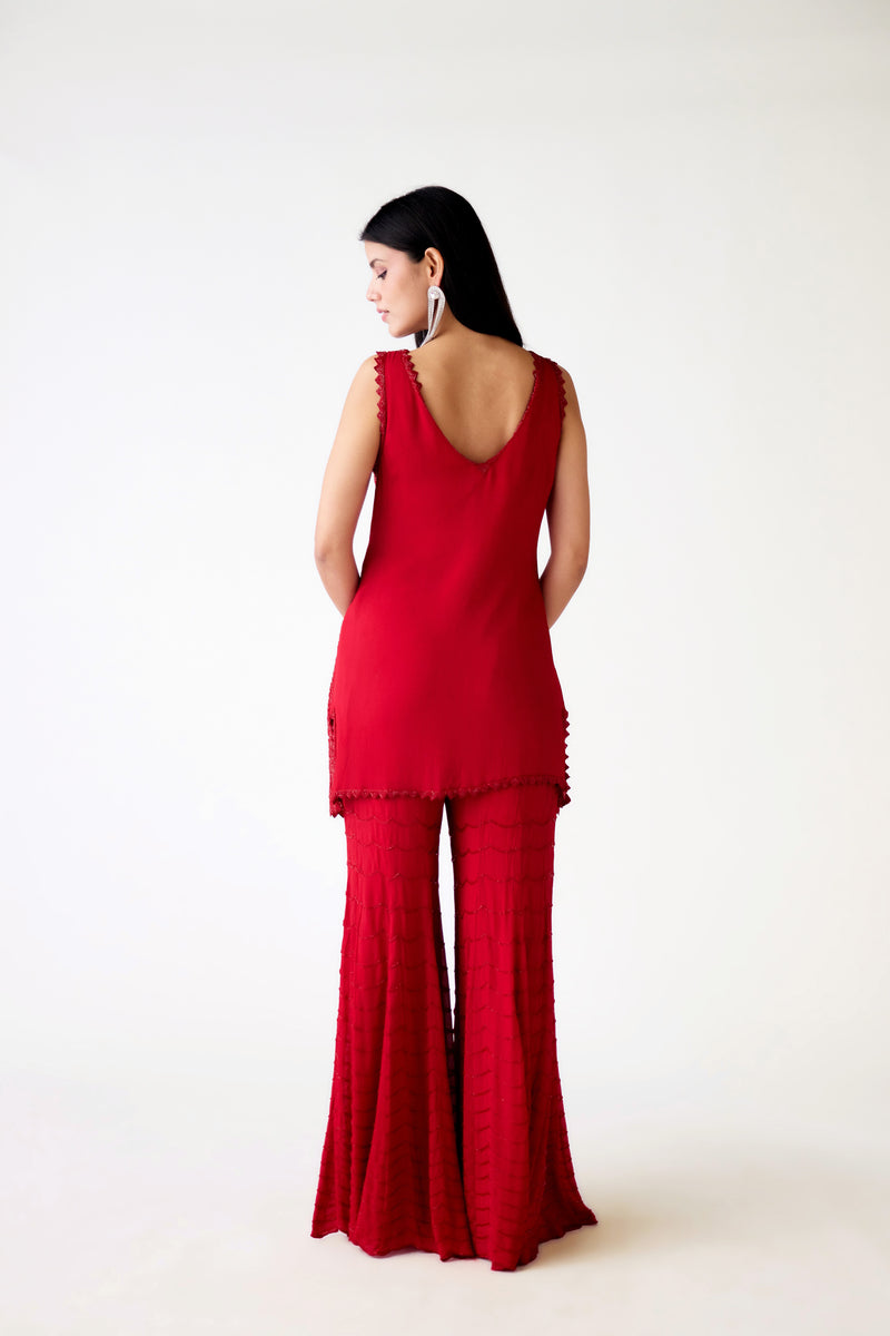 RED CHIFFON EMBROIDERED SHARARA SET