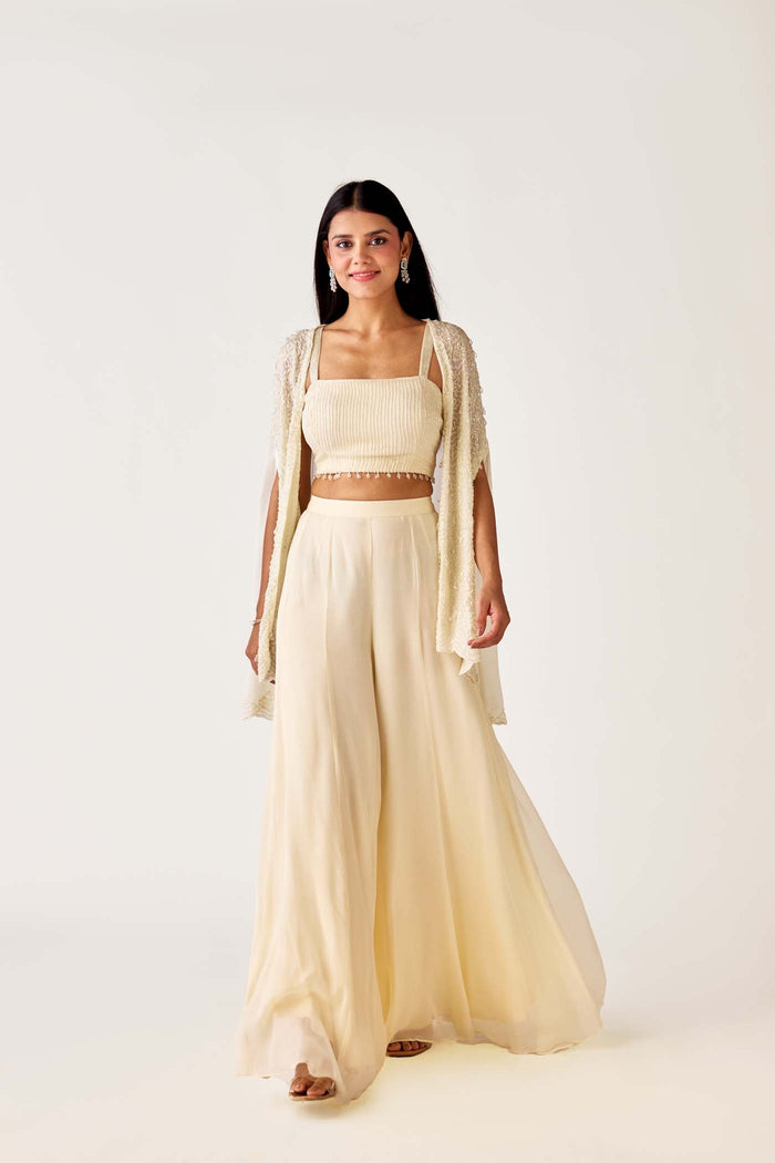 WHITE GEORGETTE EMBROIDERED CAPE & PALAZZO SET