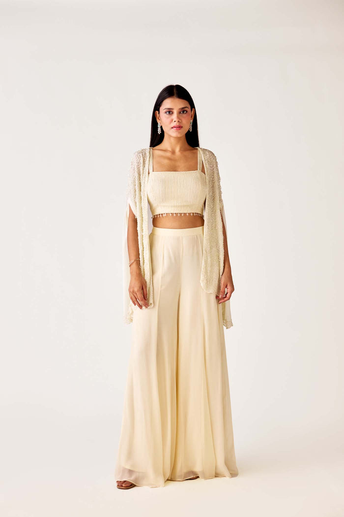 WHITE GEORGETTE EMBROIDERED CAPE & PALAZZO SET