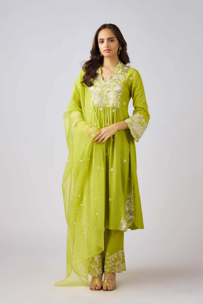 LIME SILK EMBROIDERED SUIT SET