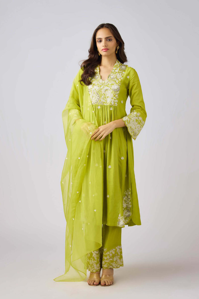 LIME SILK EMBROIDERED SUIT SET