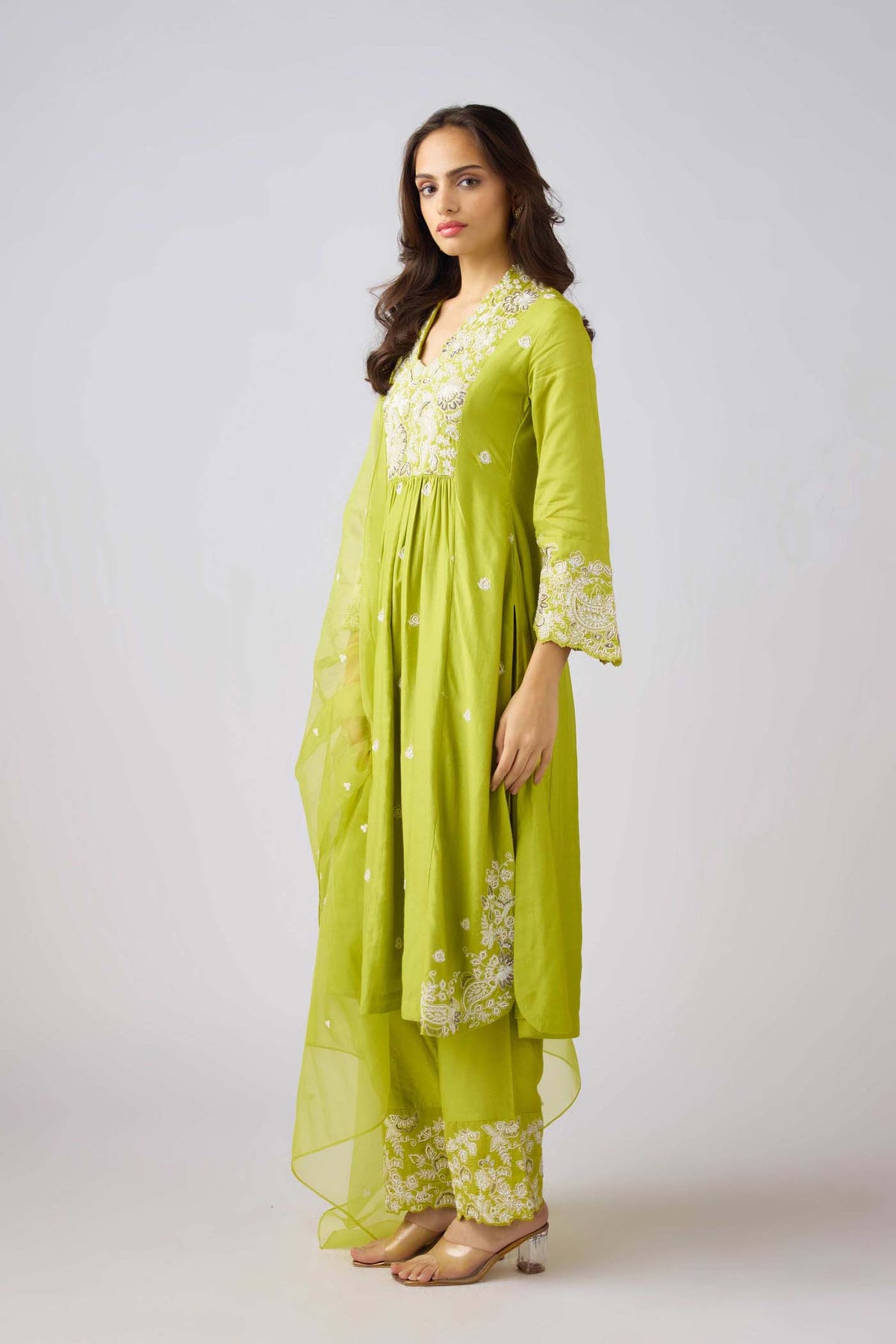 LIME SILK EMBROIDERED SUIT SET