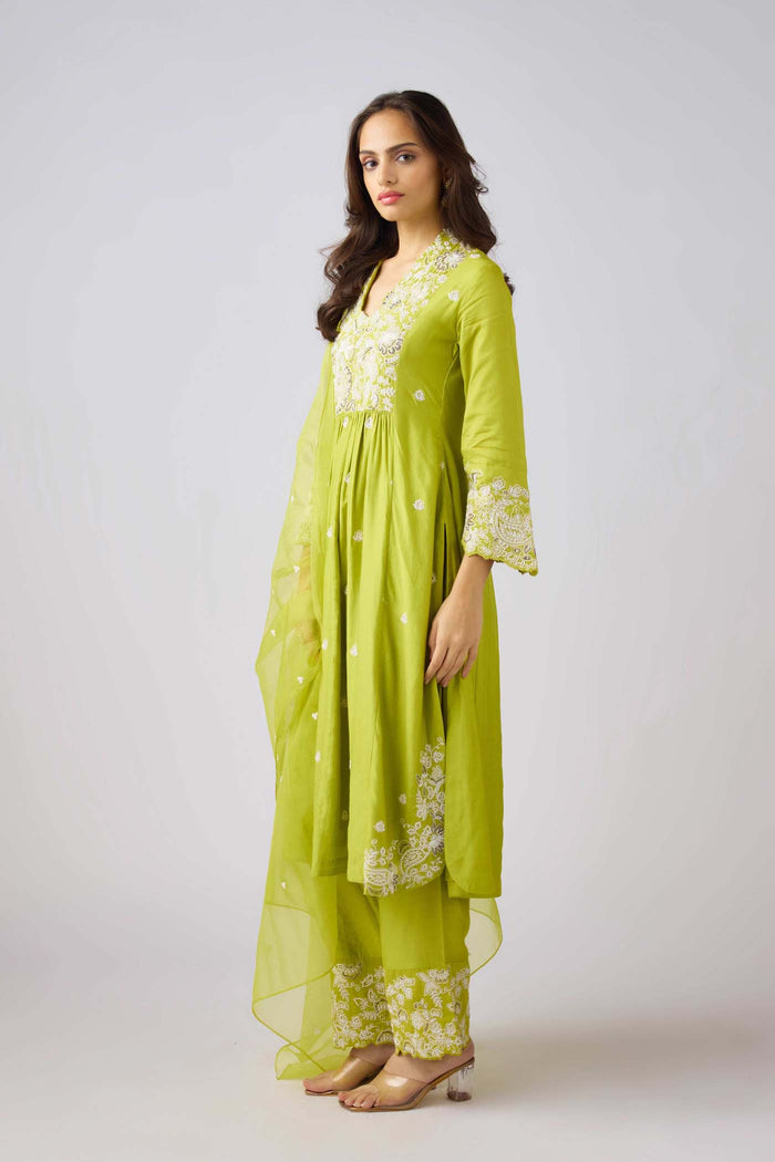 LIME SILK EMBROIDERED SUIT SET