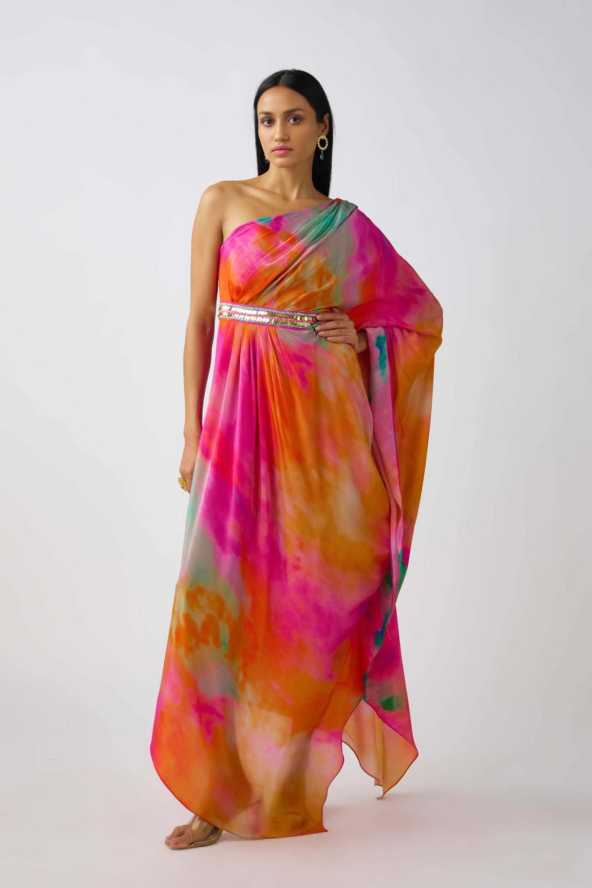 multicolor one shoulder dress Multicolor Floral Satin Pleated One Shoulder Maxi Dress PinkBlush