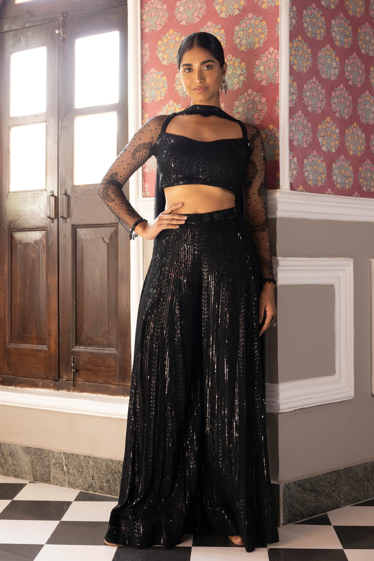 BLACK SEQUINS EMBROIDERED FULL SLEEVES SHARARA SET