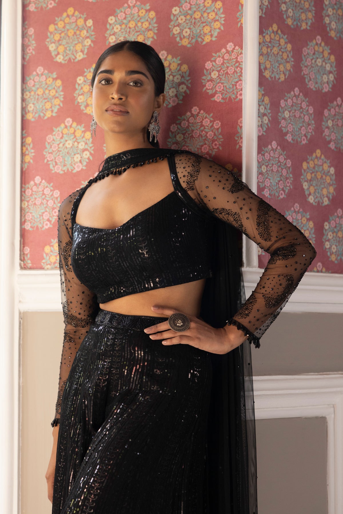 BLACK SEQUINS EMBROIDERED FULL SLEEVES SHARARA SET