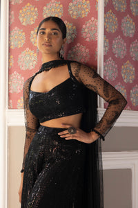 BLACK SEQUINS EMBROIDERED FULL SLEEVES SHARARA SET