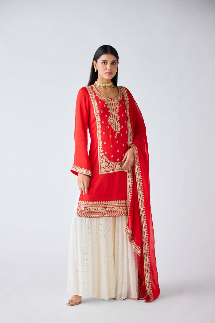RED ZARI WORK SHARARA SET