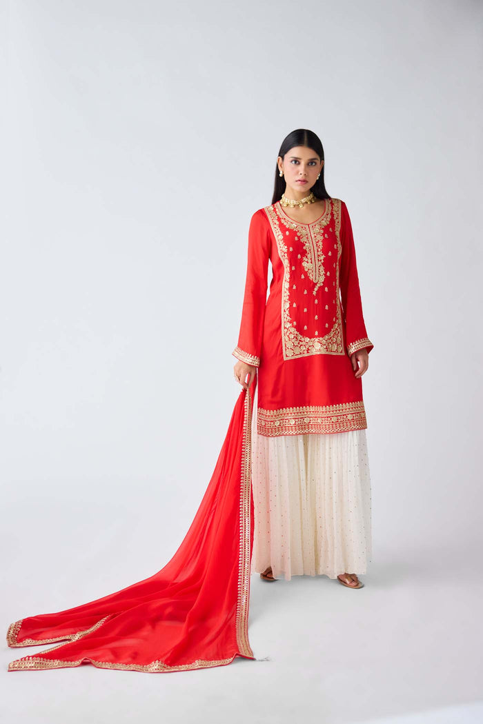 RED ZARI WORK SHARARA SET