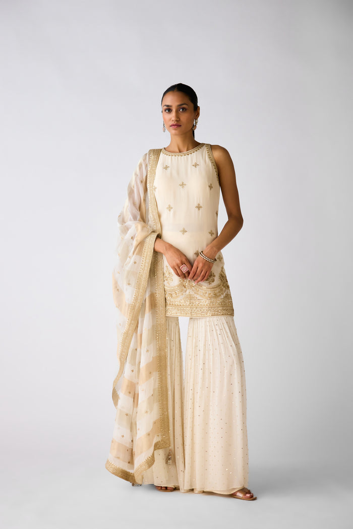 IVORY SEQUINS EMBROIDERED SHARARA SUIT