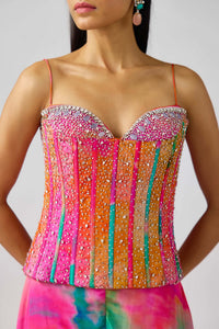 MULTICOLOR CRYSTAL EMBROIDERED CORSET SET