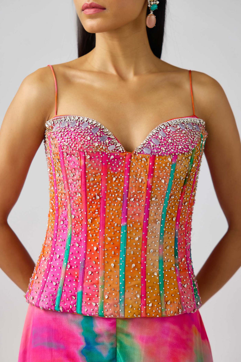 MULTICOLOR CRYSTAL EMBROIDERED CORSET SET