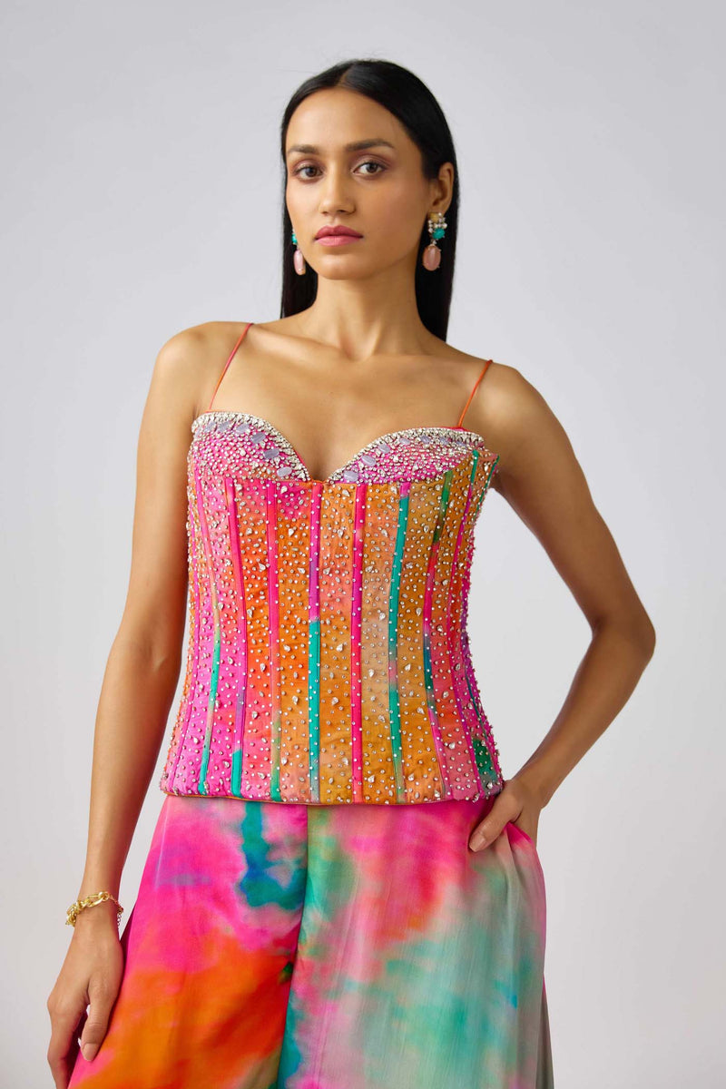 MULTICOLOR CRYSTAL EMBROIDERED CORSET SET