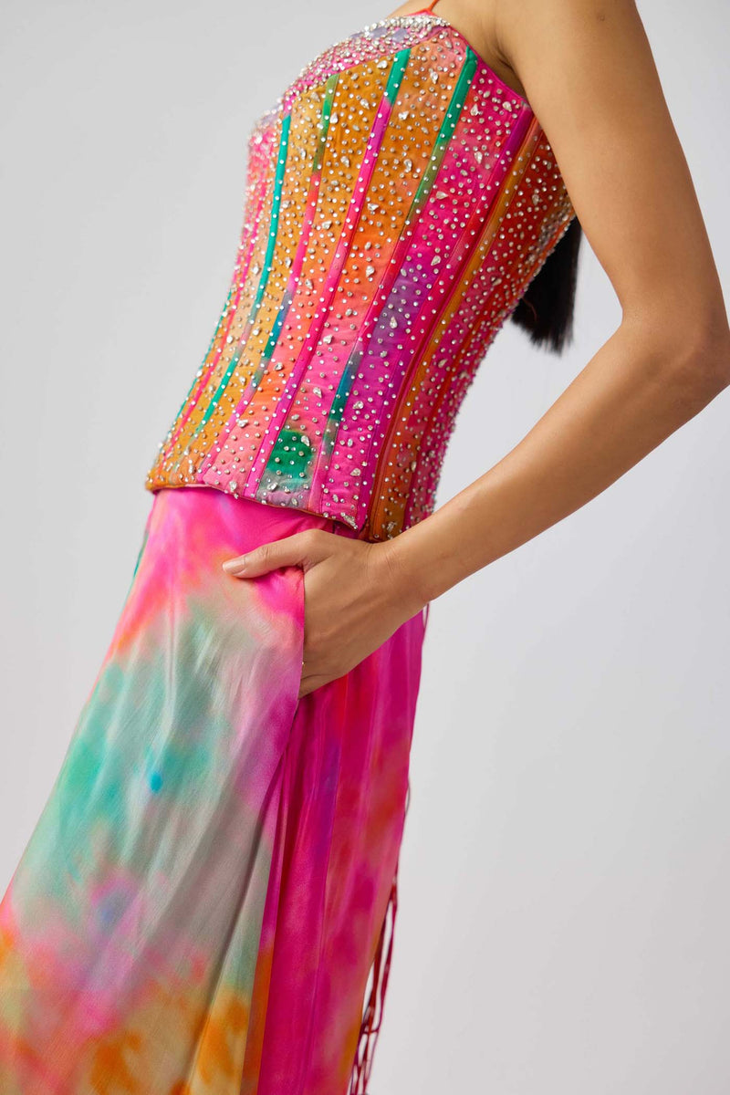 MULTICOLOR CRYSTAL EMBROIDERED CORSET SET