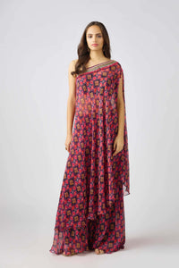 PURPLE GEORGETTE EMBROIDERED ONE SHOULDER DRESS