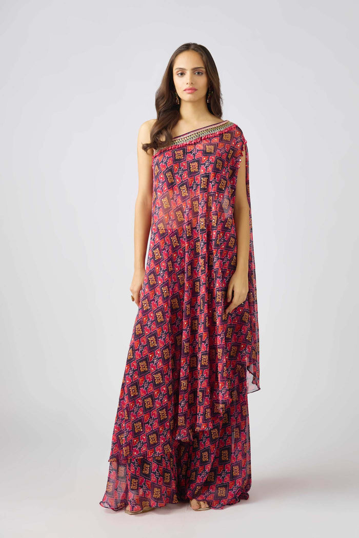 PURPLE GEORGETTE EMBROIDERED ONE SHOULDER DRESS