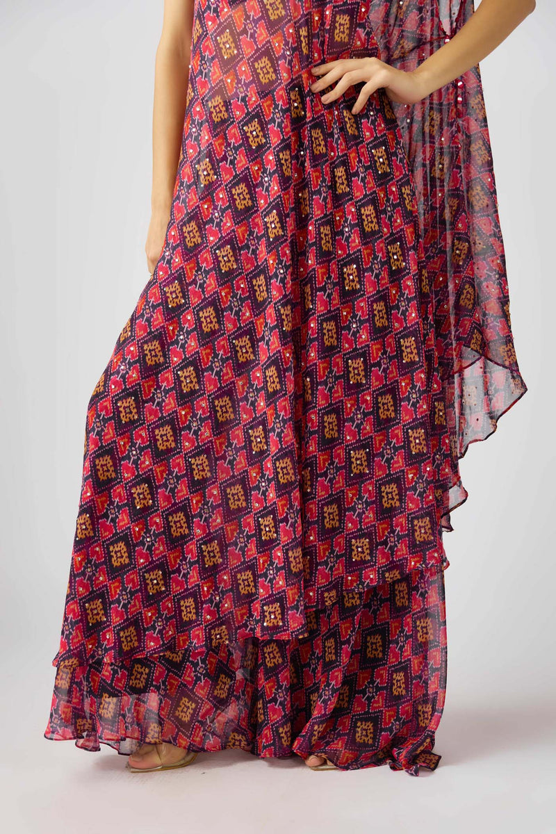 PURPLE GEORGETTE EMBROIDERED ONE SHOULDER DRESS