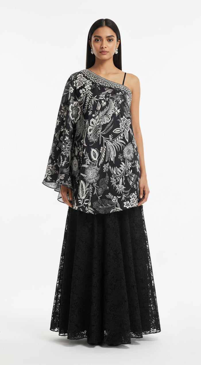 BLACK PRINTED ONE SHOULDER SHARARA SET