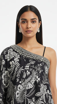 BLACK PRINTED ONE SHOULDER SHARARA SET