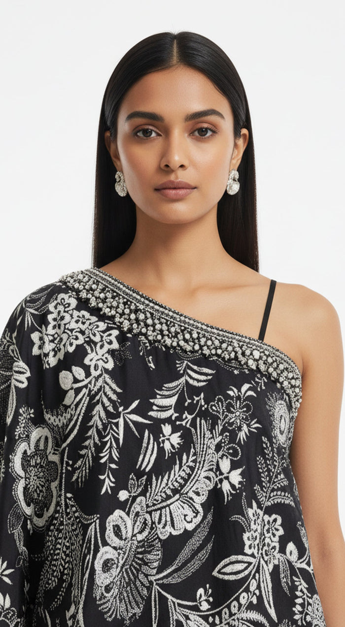 BLACK PRINTED ONE SHOULDER SHARARA SET