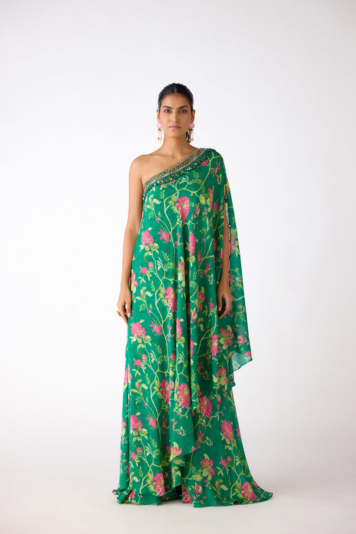 GREEN ONE SHOULDER MIRROR EMBELLISHED SHARARA SET