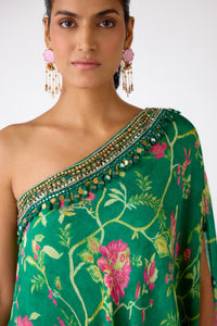 GREEN ONE SHOULDER MIRROR EMBELLISHED SHARARA SET