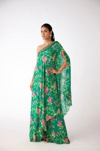 GREEN ONE SHOULDER MIRROR EMBELLISHED SHARARA SET