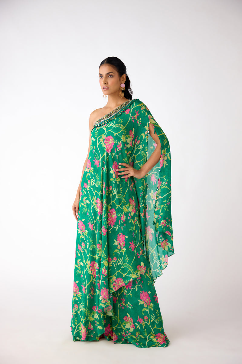 GREEN ONE SHOULDER MIRROR EMBELLISHED SHARARA SET