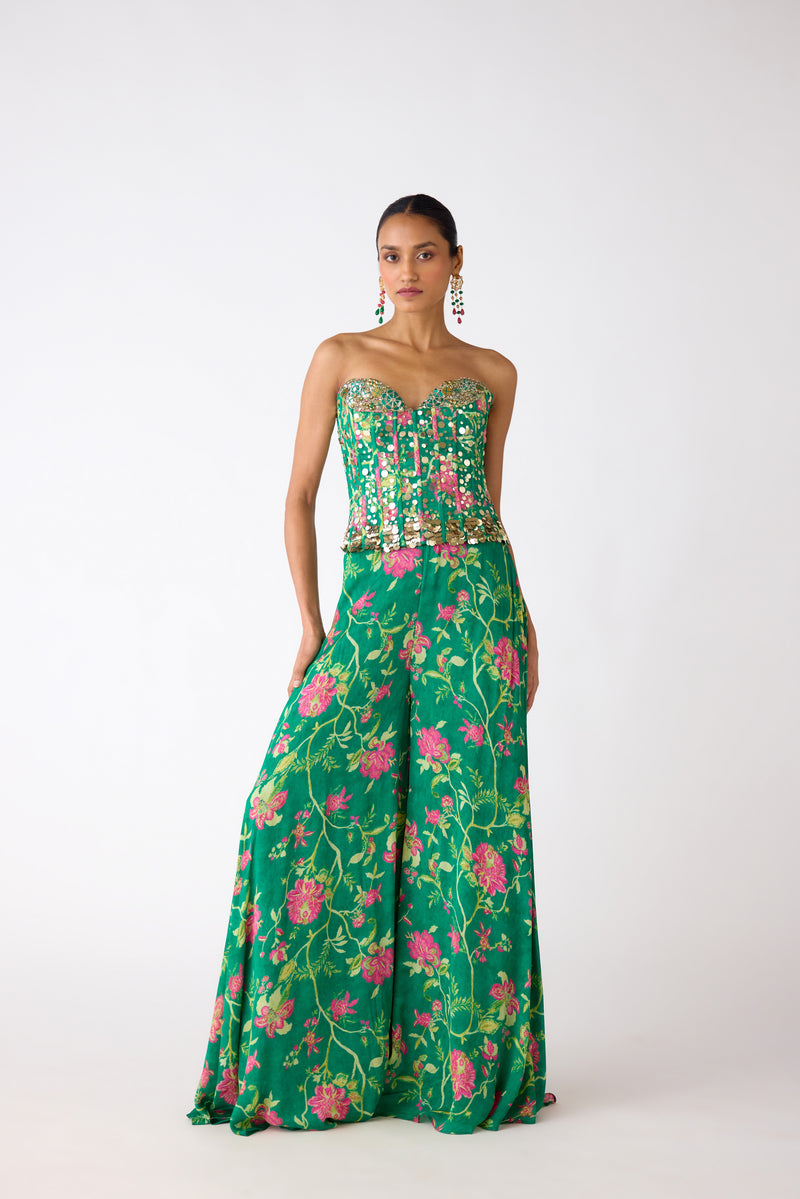 GREEN FLORAL SEQUINS CORSET AND SHARARA SET