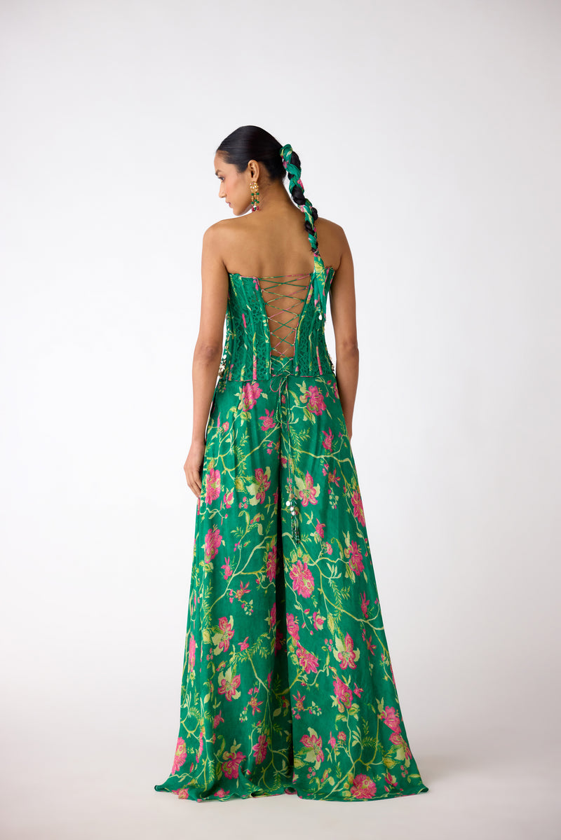 GREEN FLORAL SEQUINS CORSET AND SHARARA SET