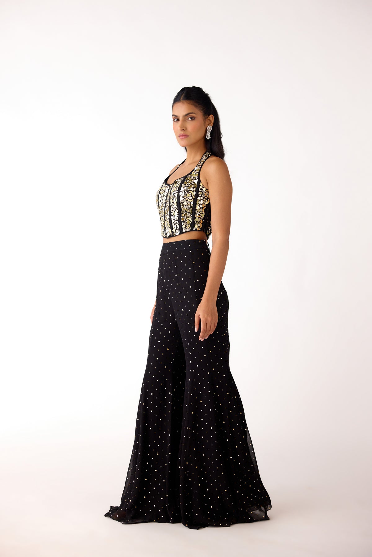 BLACK CORSET HALTER NECK EMBROIDERED SHARARA SET