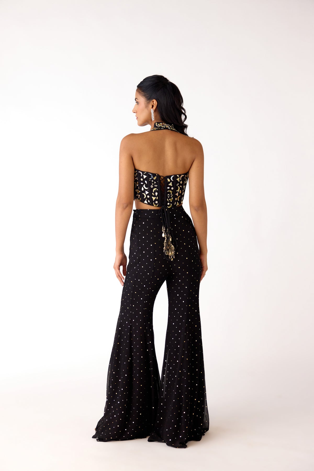 BLACK CORSET HALTER NECK EMBROIDERED SHARARA SET