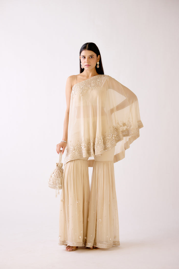 GOLD ONE SIDE SHOULDER SHARARA SET