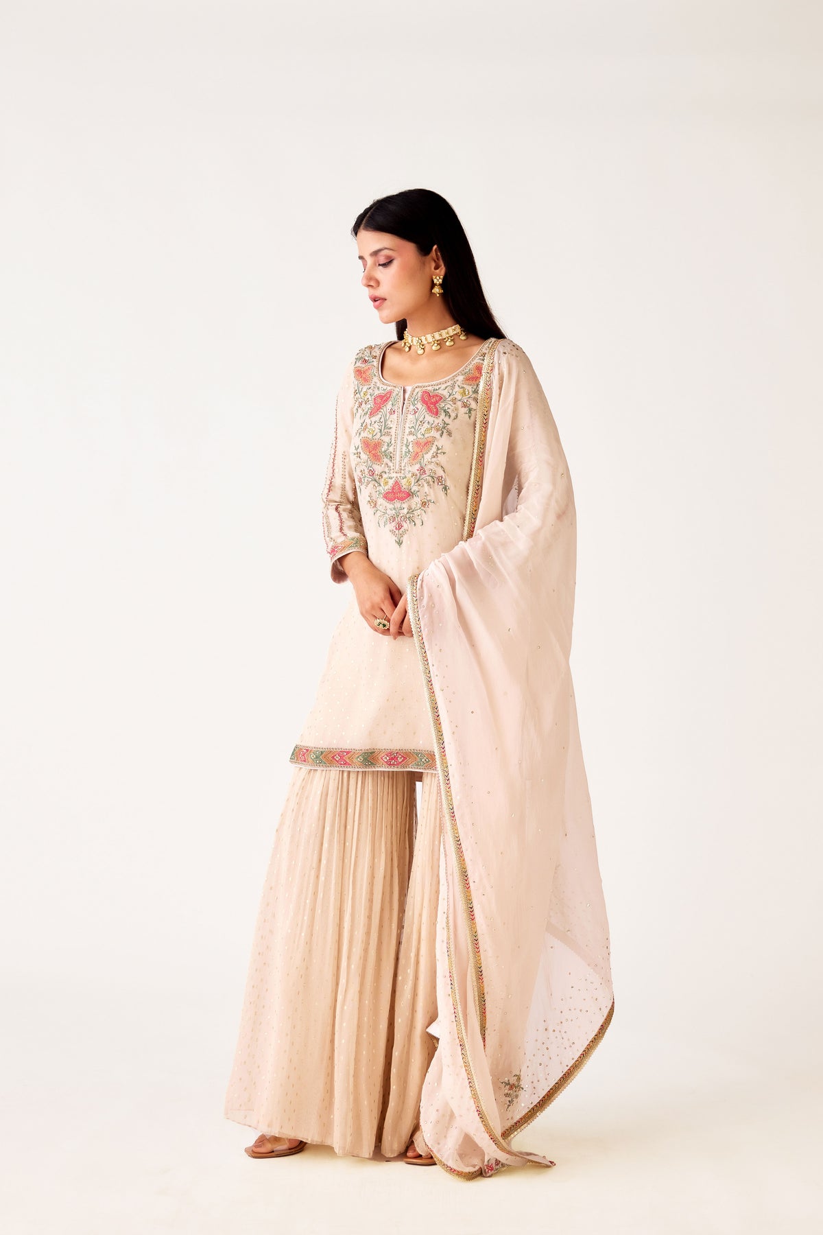IVORY EMBROIDERED TISSUE SILK SUIT