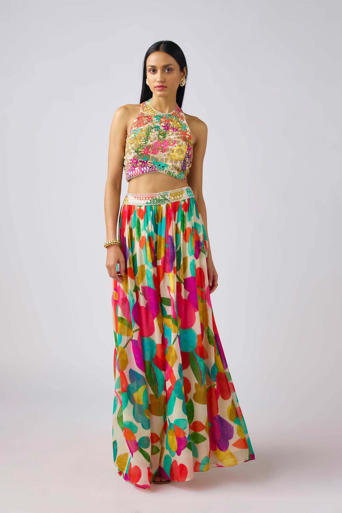 MULTICOLOR MIRROR EMBROIDERED SHARARA SUIT