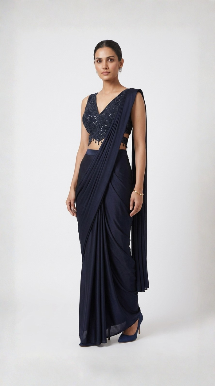 BLUE EMBROIDERED READY TO WEAR SAREE SET