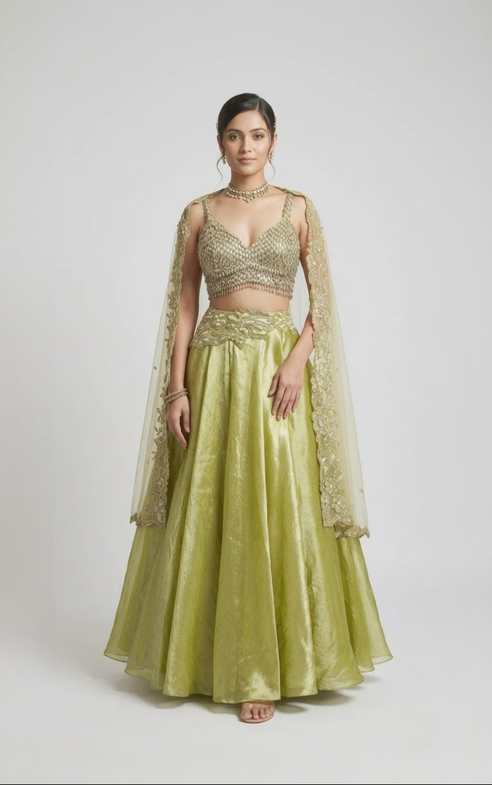GREEN CRYSTAL EMBELLISHED CAPE LEHENGA SET